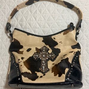 Brand New Western Cowhide Print Shoulder Bag w/ Rhinestone Cross